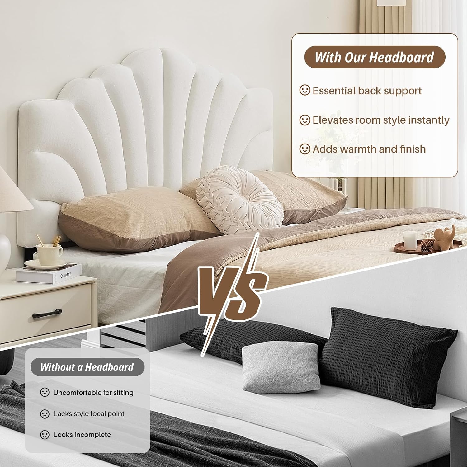 King Size Upholstered Headboard Only Adjustable Bed Headboards CA King Bed, Tiara Crown Shape Headboard with Wood Legs, Velvet Petal Head Board Wall Protector for Bedroom, White