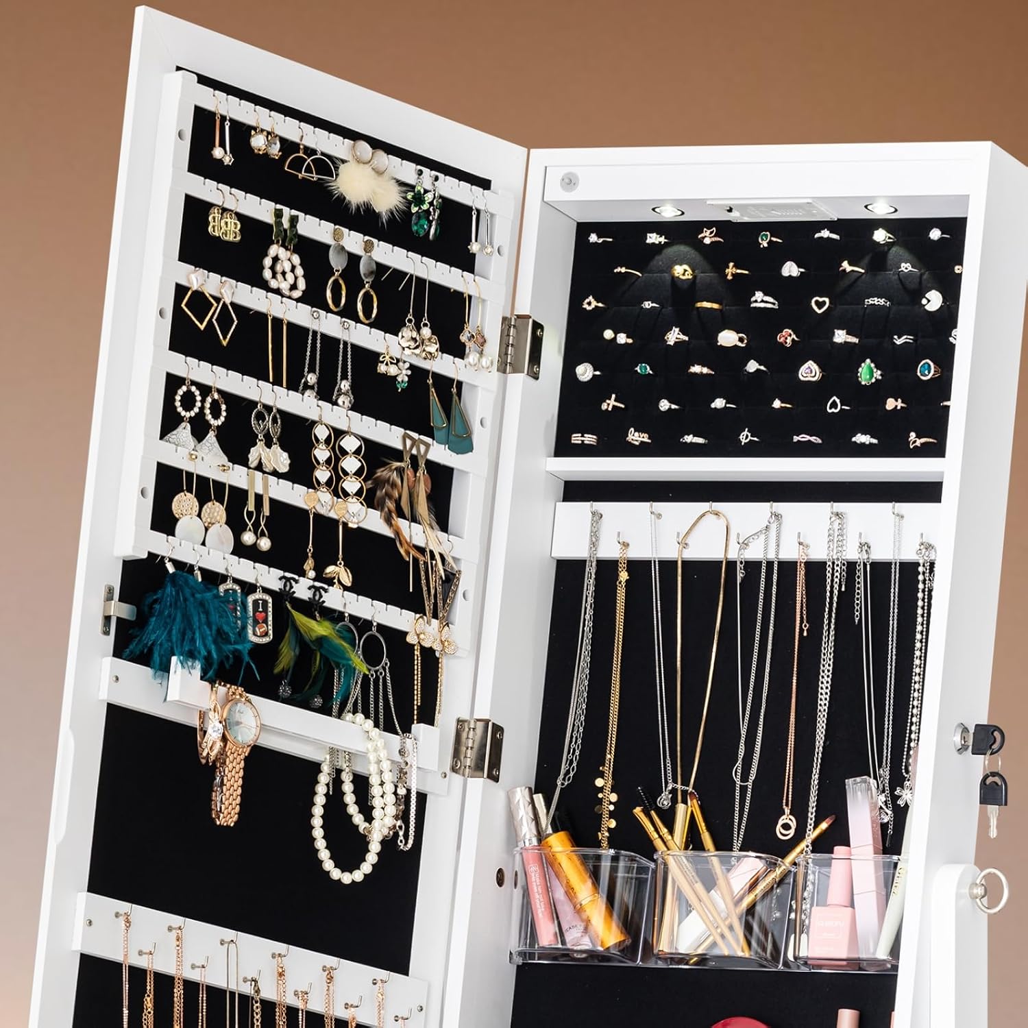BTEXPERT Mirror Jewelry Cabinet Standing, Large Storage Jewelry Armoire, Full-Length Mirror with Jewelry Storage, LED Bulbs Lockable Standing Jewelry Organizer White