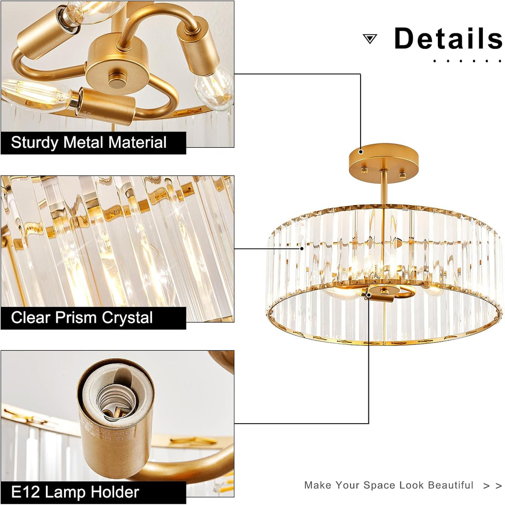 Modern Gold Semi Flush Mount Ceiling Light Crystal 3-Light Light Fixture 15.75 Inch Kitchen Ceiling Lighting for Living Room Bedroom Dining Room Bathroom Entryway (Bulb Not Included)