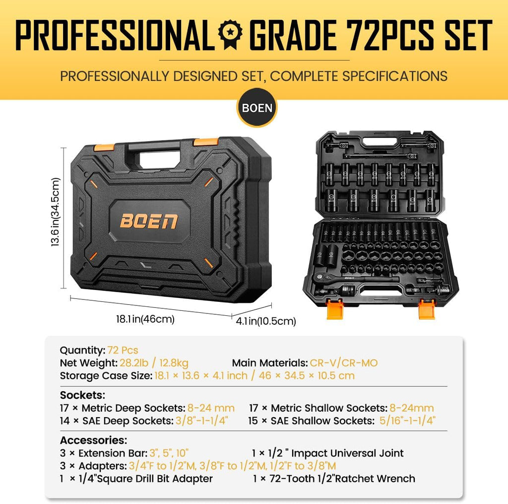 BOEN 1/2' Drive Impact Socket Set, 72 Piece Standard SAE (5/16'-1-1/4') & Metric (8-24 mm), Deep & Shallow Kit | Includes Ratchet Handle & Adapters | 3 ', 5', 10' Extension Bar