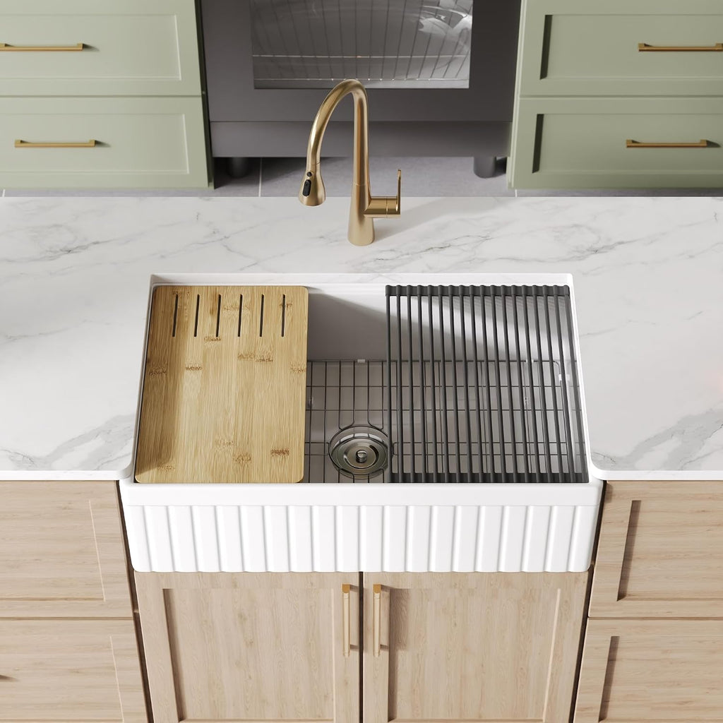 DeerValley 33' L x 20' W Farmhouse Workstation Kitchen Sink, Reversible Fireclay Deep Single Bowl Apron Front Kitchen Sink, White Undermount Farm Sink with Ledge and Accessories