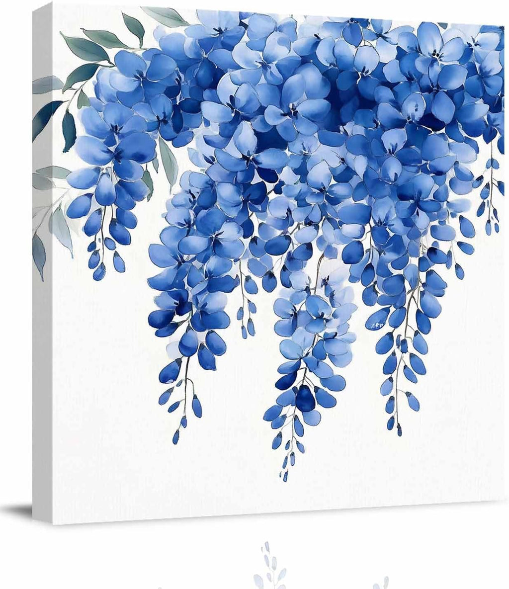 Blue Floral Canvas Wall Art - Vintage Watercolor Spring Gradient Blue Flowers Green Leaf - Modern Wall Decor Gallery Canvas Wraps Giclee Print Stretched and Framed Ready to Hang - 24' x 24'