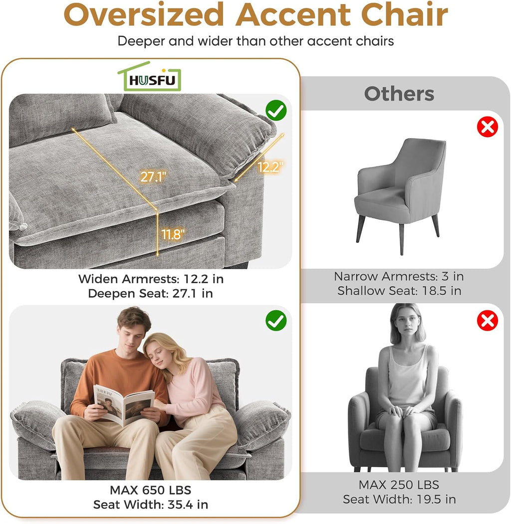 HUSFU Oversized Accent Chair, 49.5'' W Chenille Cloud Sofa Chair with Deep Seat and Extra Wide Armrests, Comfy Reading Armchair for Bedroom, Living Room, Gray