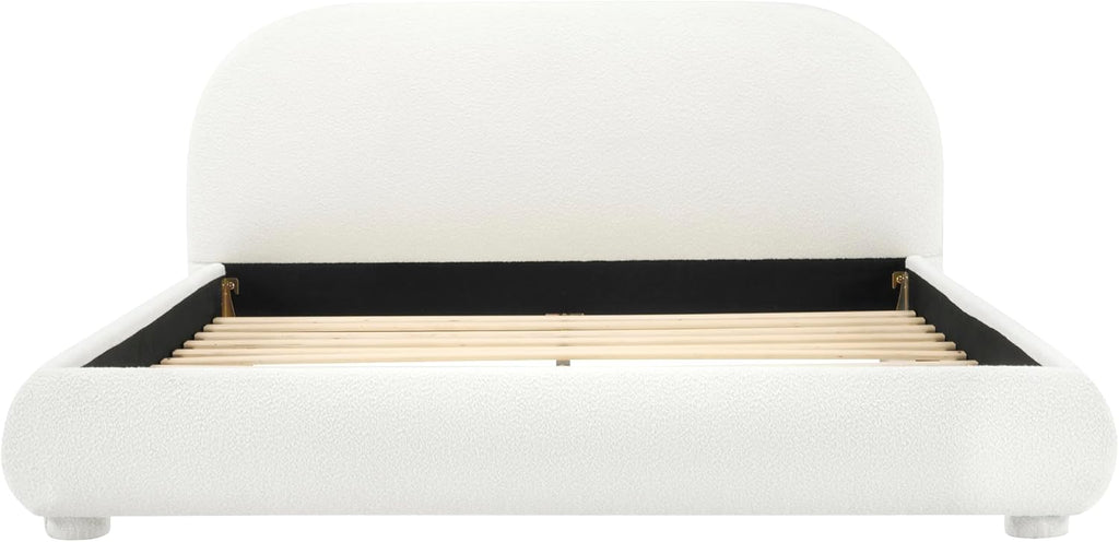 Curve-Shaped Upholstered Platform Bed with Curved Shaped Headboard, Queen Size Wood Bed Frame for Kids Adults Bedroom Furniture, Velvet Thick Fabric Upholstered Bed Grounded Bed (Cream, Queen)