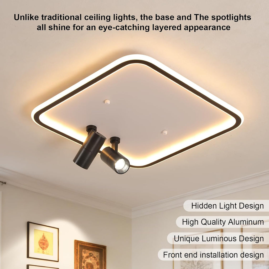 Shine LUEST Modern Square LED Flush Mount Ceiling Light Fixture, 2 Adjustable Spotlights, Black Frame White Shade Minimalist Lighting for Living Room Bedroom Kitchen
