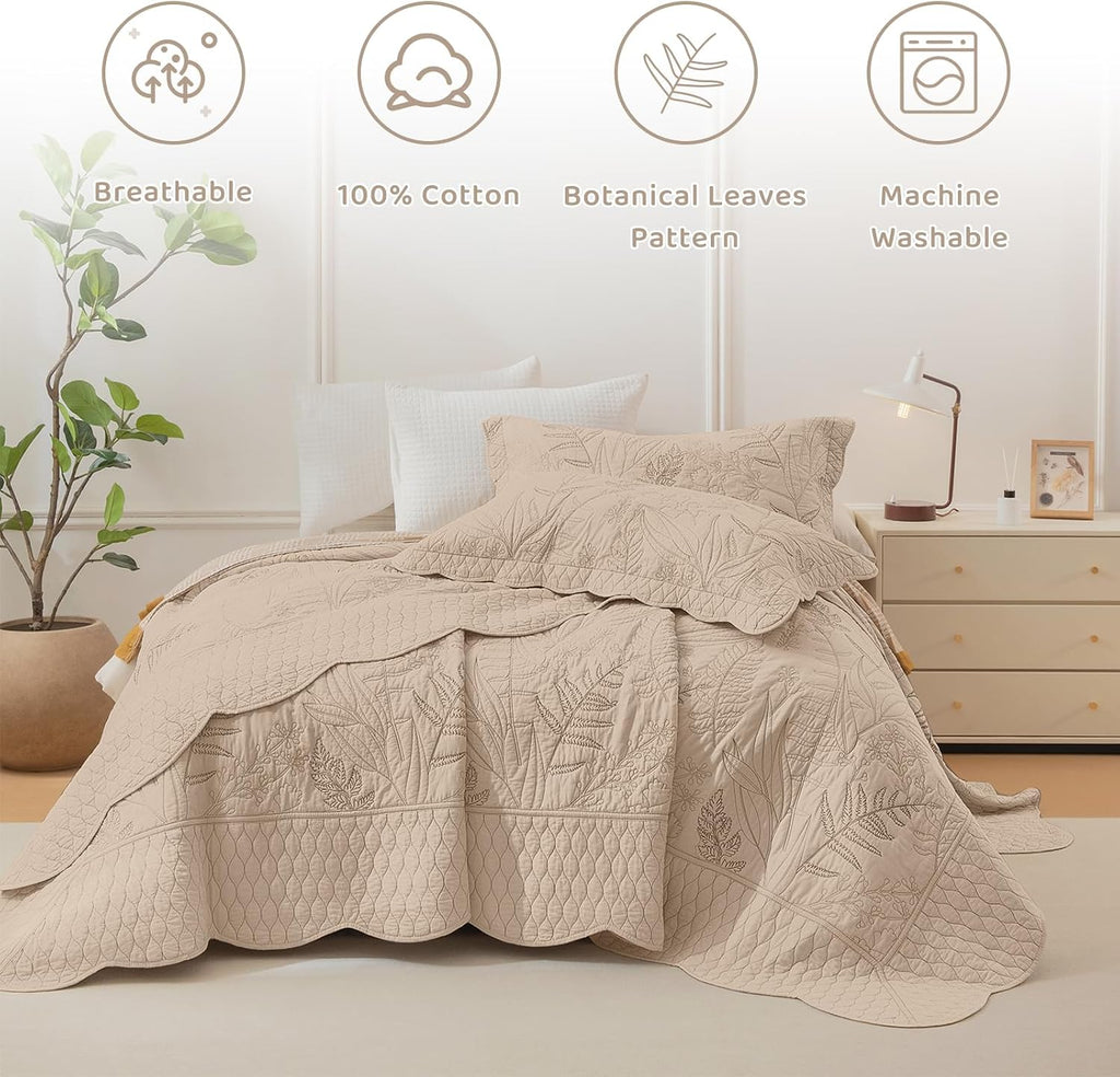 Sanracie Oversized King Quilt 120'x120', 100% Cotton Warm Taupe Print Quilted Bedspread Set 3Pcs Soft Breathable Botanical Leaves Pattern Quilt Bedding Set for All Season