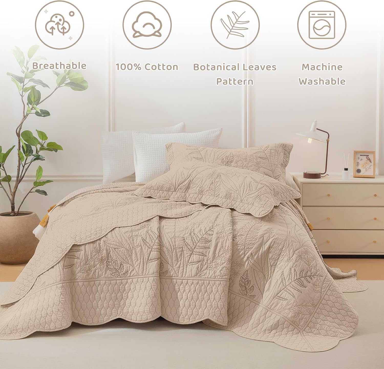 Sanracie Oversized King Quilt 120'x120', 100% Cotton Warm Taupe Print Quilted Bedspread Set 3Pcs Soft Breathable Botanical Leaves Pattern Quilt Bedding Set for All Season