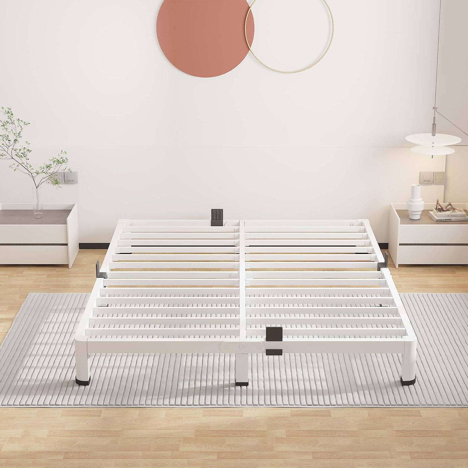 ROIL 4 Inch White Queen Bed Frame with Rounded Corner and Mattress Retainers, 3500LBS Heavy Duty Steel Slats No Box Spring Needed Platform Noise-Free Easy Assembly