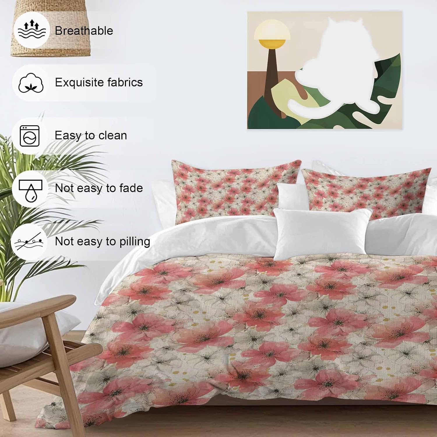 Spring Florals Duvet Cover Set Queen Size 4 Pieces Red White Floral Vintage Water Ink Painting Bedding Set with Zipper Closure, 1 Comforter Cover 92x106 Inches 1 Flat Sheet & 2 Pillow Cases