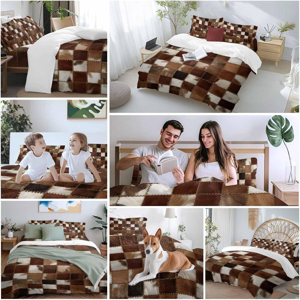 Abstract Plaid Duvet Cover Set Queen Size 4 Pieces Dark Brown Checkerboard Stitching Texture Patchwork Bedding Set with Zipper Closure, 1 Comforter Cover 90x92 Inches 1 Flat Sheet & 2 Pillow Cases