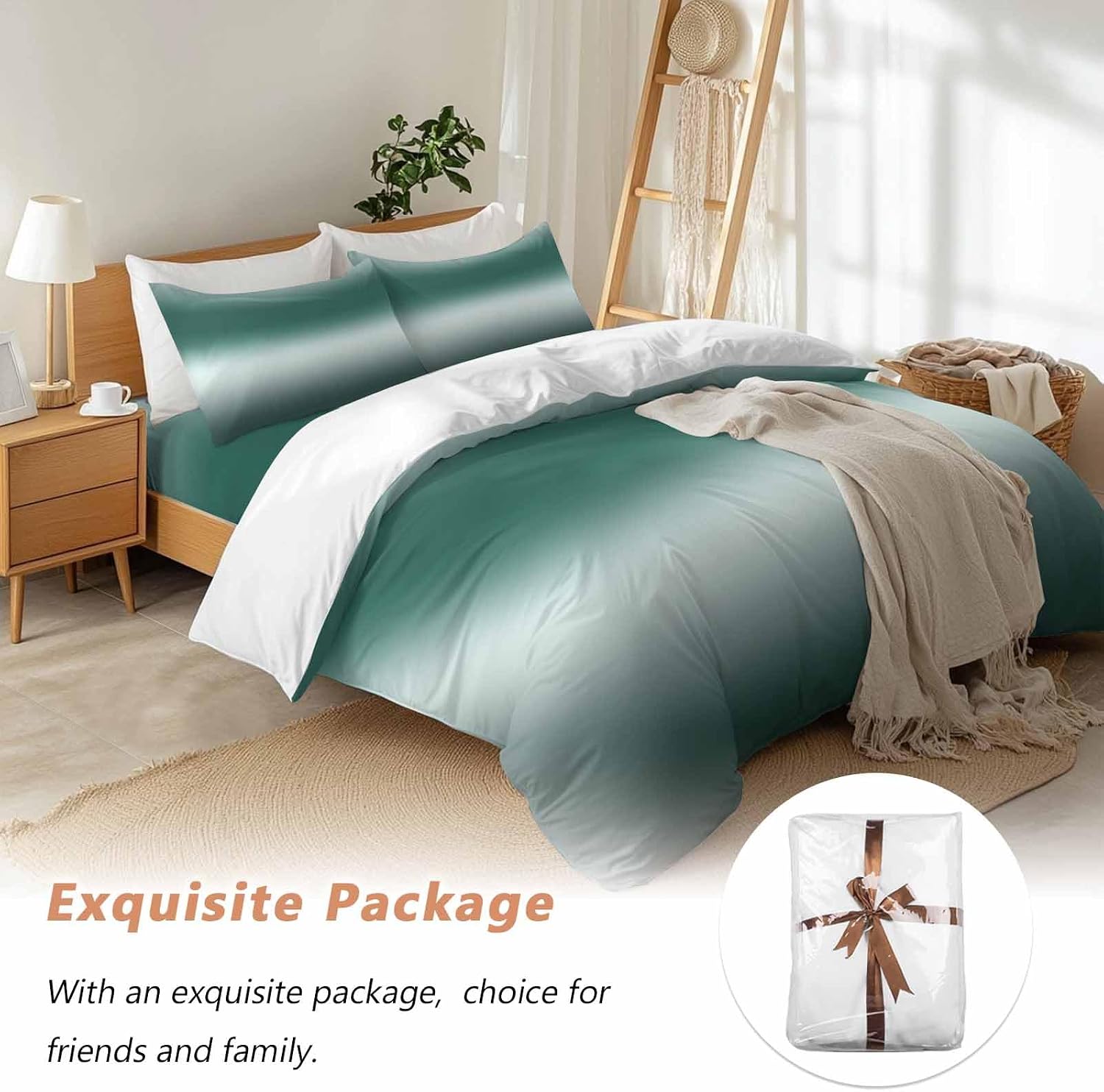 Prime Leader Gradient Green Duvet Cover Set Queen Size 4 Pieces Modern Minimalist Black Green Ocean Beach Bedding Set with Zipper Closure, 1 Comforter Cover 86x86 Inches 1 Flat Sheet & 2 Pillow Cases