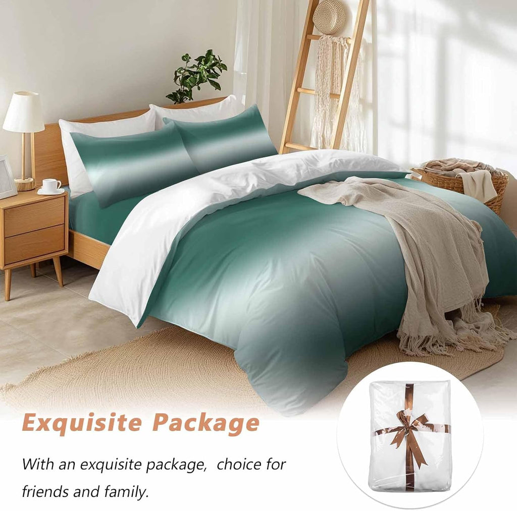 Gradient Green Duvet Cover Set Queen Size 4 Pieces Modern Minimalist Black Green Ocean Beach Bedding Set with Zipper Closure, 1 Comforter Cover 92x106 Inches 1 Flat Sheet & 2 Pillow Cases