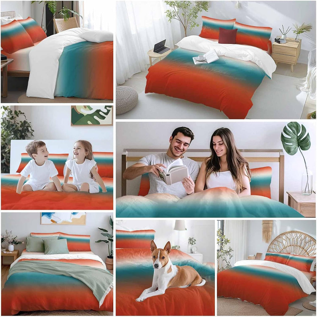 Bohemian Gradient Red Duvet Cover Set Queen Size 4 Pieces Modern Minimalist Red Blue Ocean Beach Bedding Set with Zipper Closure, 1 Comforter Cover 90x92 Inches 1 Flat Sheet & 2 Pillow Cases