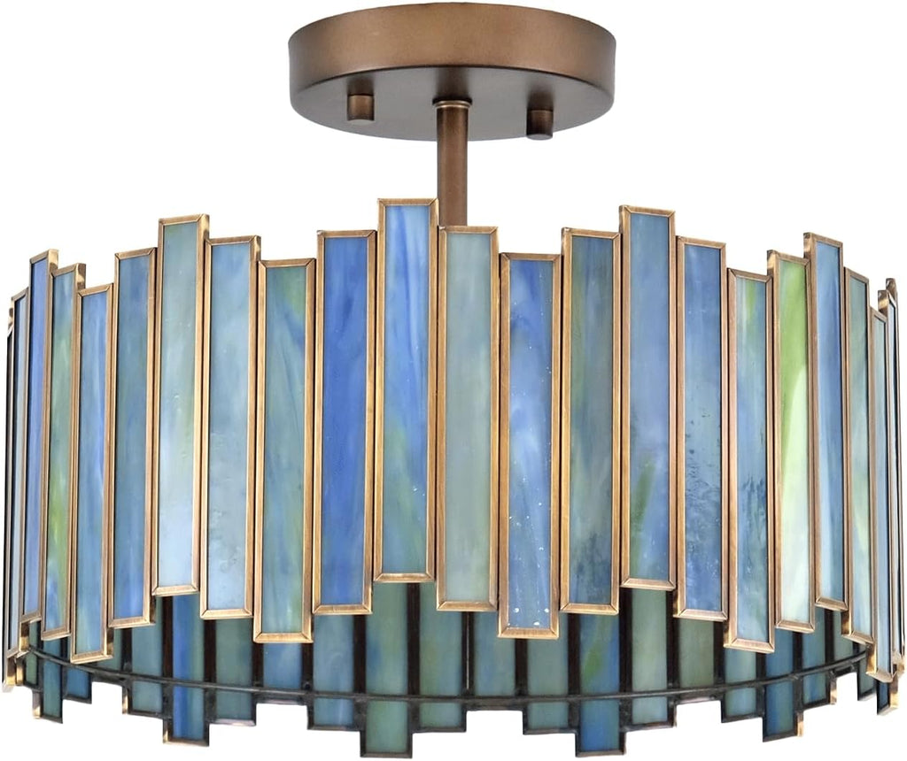 Antique Brass Ceiling Light Fixture in Drum Shape, 12.5' Semi Flush Mount Stained Tiffany Lamp with Aqua Green Glass, 3 Light Round Tiffany Style Lamp for Foyer Hallway Bedroom Kitchen