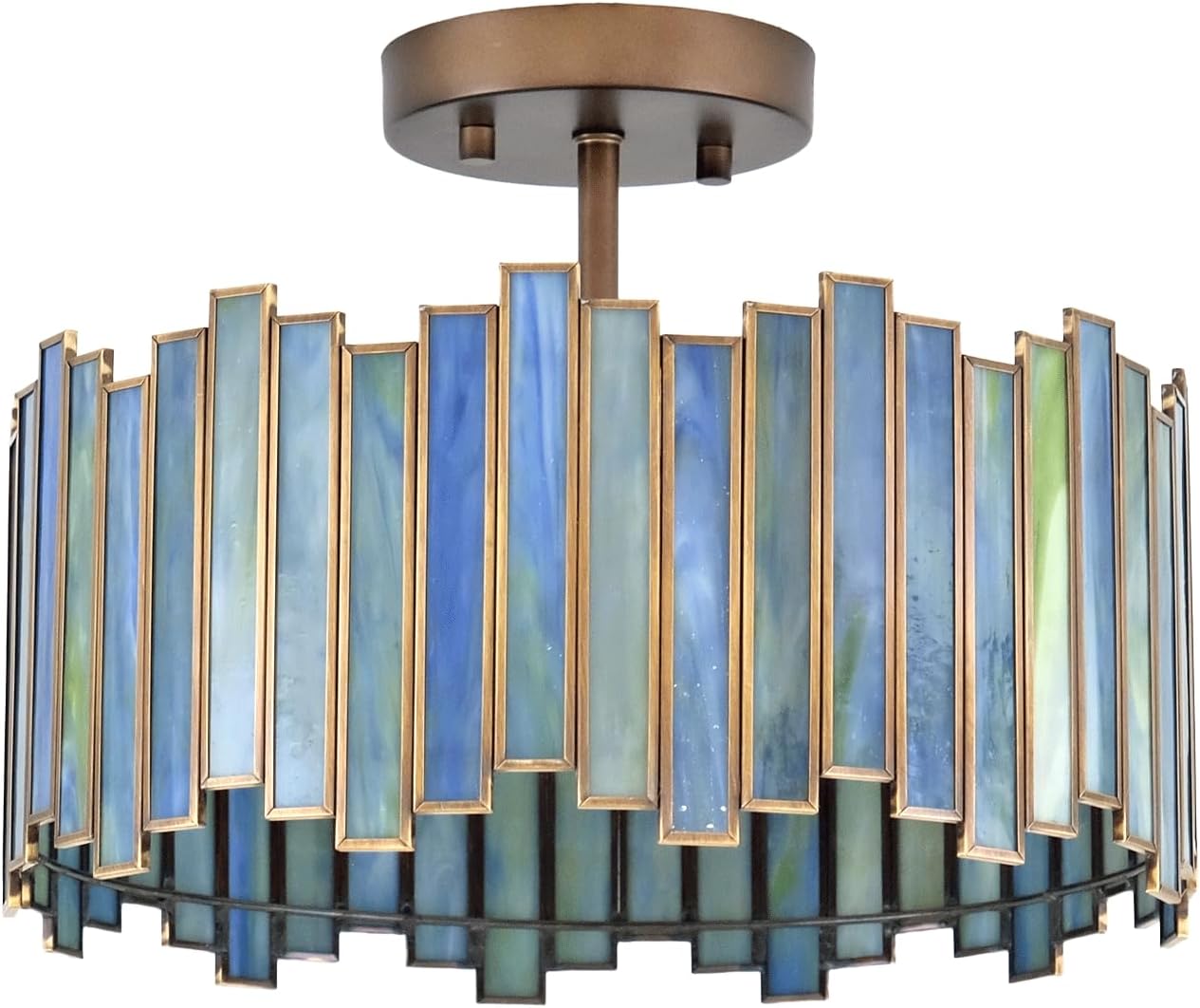 Antique Brass Ceiling Light Fixture in Drum Shape, 12.5' Semi Flush Mount Stained Tiffany Lamp with Aqua Green Glass, 3 Light Round Tiffany Style Lamp for Foyer Hallway Bedroom Kitchen