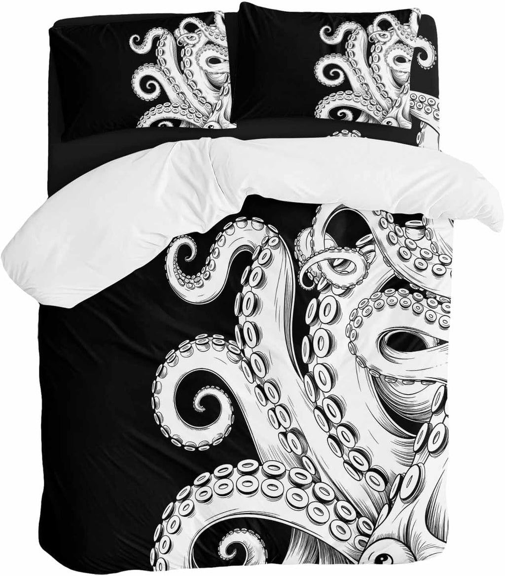 Abstract Octopus Duvet Cover Set Queen Size 4 Pieces Vintage Gray White Octopus Touches Black Background Bedding Set with Zipper Closure, 1 Comforter Cover 92x106 Inches 1 Flat Sheet & 2 Pillow Cases