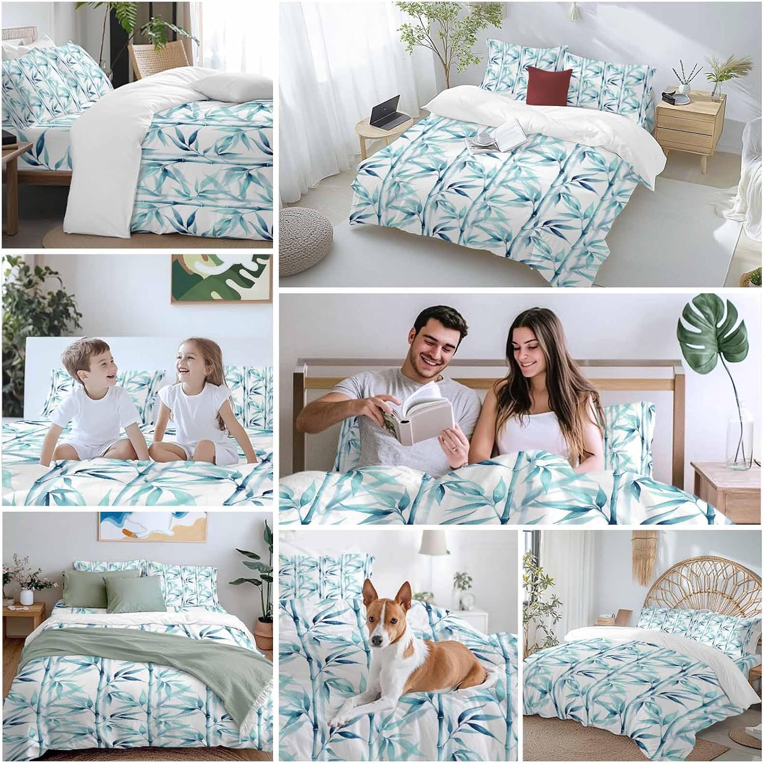 Prime Leader Blue Leaves Duvet Cover Set Queen Size 4 Pieces Minimalist Natural Style Ink Painting Modern Bedding Set with Zipper Closure, 1 Comforter Cover 86x86 Inches 1 Flat Sheet & 2 Pillow Cases