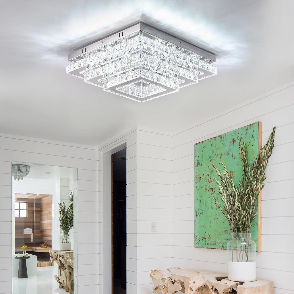 Dimmable Square Crystal Flush Mount Ceiling Light, 15' 3-Tier Crystal Chandelier Ceiling Light, Remote Included, 3000–6500K CCT, K9 Crystal & Stainless Steel for Living Room Dining Room Bedroom