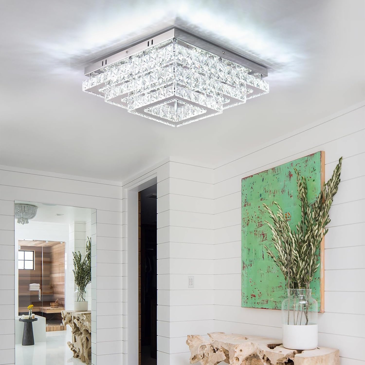 Dimmable Square Crystal Flush Mount Ceiling Light, 15' 3-Tier Crystal Chandelier Ceiling Light, Remote Included, 3000–6500K CCT, K9 Crystal & Stainless Steel for Living Room Dining Room Bedroom