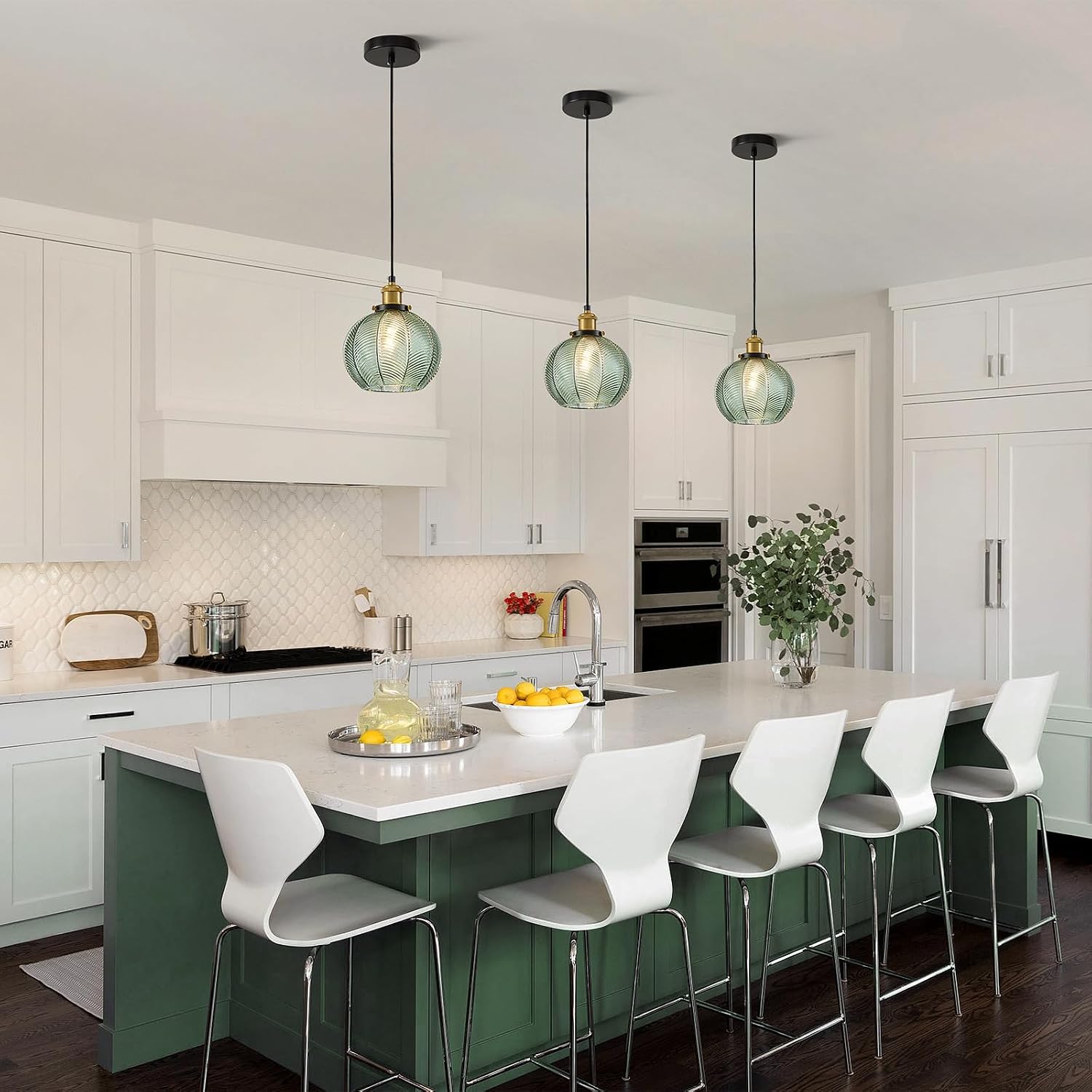 7.8in Vintage Pendant Light 2- Light Kitchen Sink Pendant Lights with Green Hand Blown Glass Small Hanging Lamp for Kitchen Island Dining Room Bedroom Bathroom Hallway E26