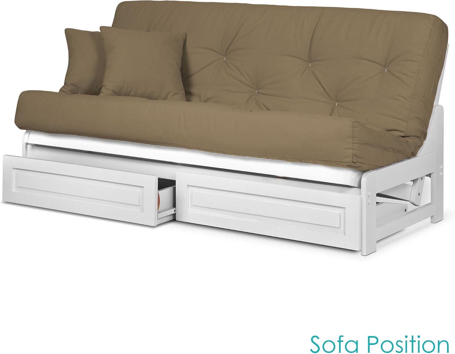 Nirvana Futons Arden White Futon with Storage Drawers Full or Queen Size - Space Saving Armless Design with Comfortable Mattress Included (Microfiber Sussex Khaki), Sofa Bed Available in