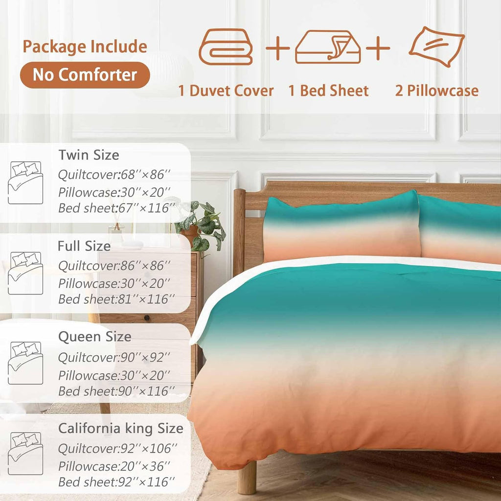 Gradient Green Duvet Cover Set Queen Size 4 Pieces Modern Minimalist Green Orange Ocean Beach Bedding Set with Zipper Closure, 1 Comforter Cover 90x92 Inches 1 Flat Sheet & 2 Pillow Cases