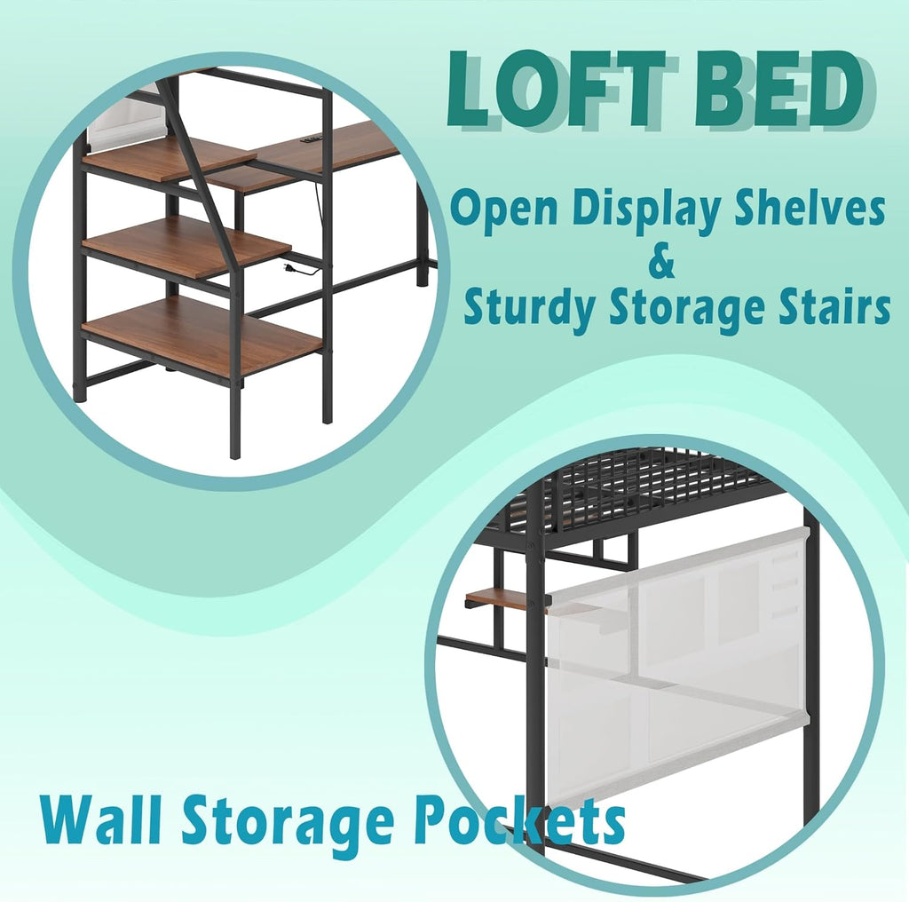 Full Size Metal Loft Bed with Stairs, Large Under-Bed Space, Built-in Charging Station, LED Lighting, for Bedroom, Dormitory, Black