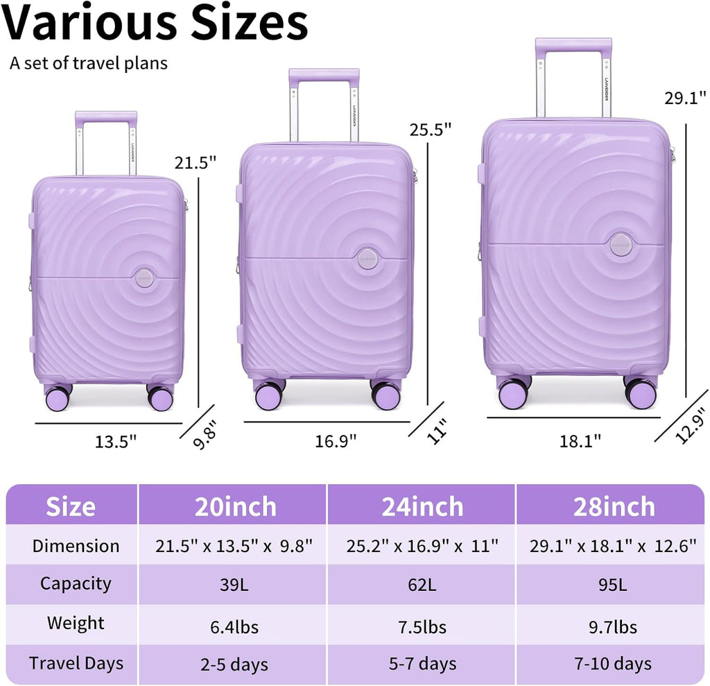 LARVENDER Luggage Sets 5 Piece Suitcases with Wheels Durable Hardshell Expandable Carry On with Lightweight Checked Duffel Bag Sets for Family Travel (28/24/20inch, Lavender)