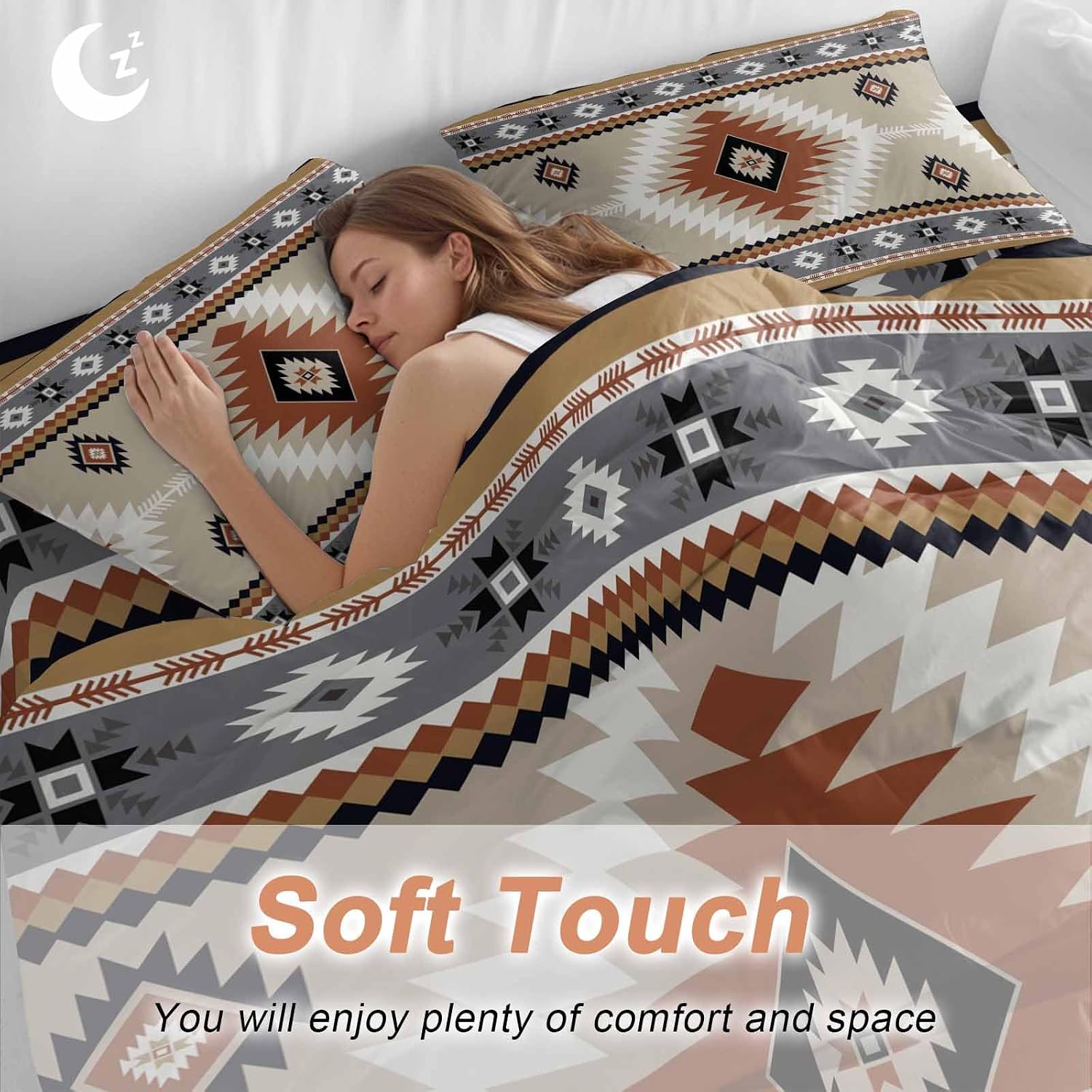 Aztec Southwestern Duvet Cover Set Queen Size 4 Pieces Ethnic Tribal Style Geometric Orange Khaki Bedding Set with Zipper Closure, 1 Comforter Cover 92x106 Inches 1 Flat Sheet & 2 Pillow Cases