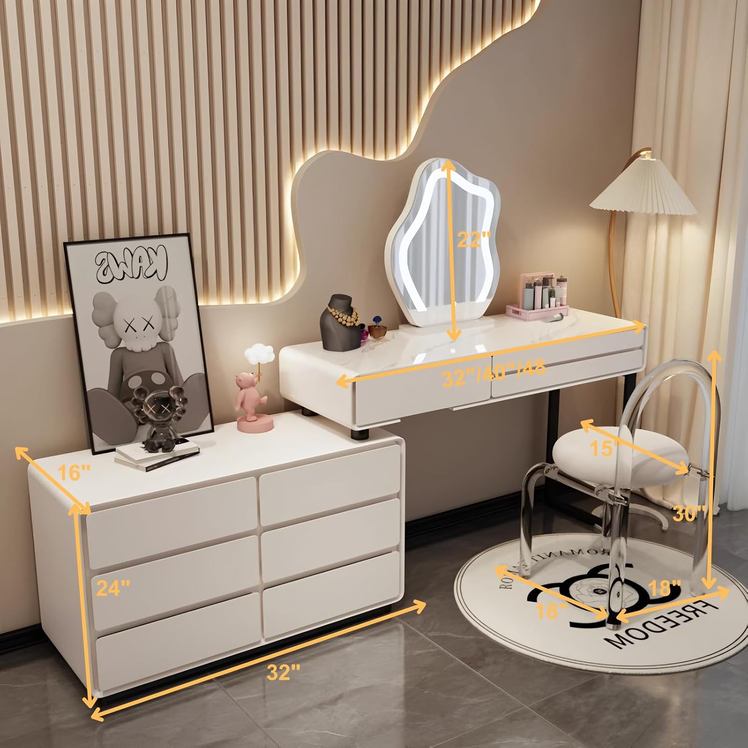 Modern Vanity Desk Set, Makeup Vanity Table with LED Smart Mirror, Rock Slate Desktop and Expandable Side Cabinet, Solid Wood Dressing Table for Bedroom, Full Set of Accessories (White -40in)