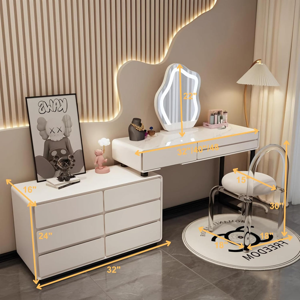 Modern Vanity Desk Set, Makeup Vanity Table with LED Smart Mirror, Rock Slate Desktop and Expandable Side Cabinet, Solid Wood Dressing Table for Bedroom, Full Set of Accessories (White -32in)