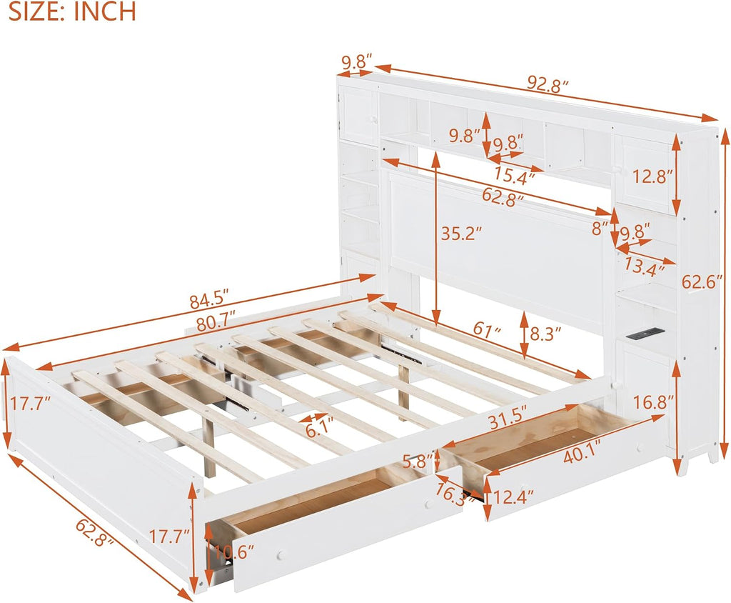 Merax Queen Size Wooden Bed with All-in-One Cabinet, White Platform Bed Frame with 4 Drawers, Shelf and Sockets