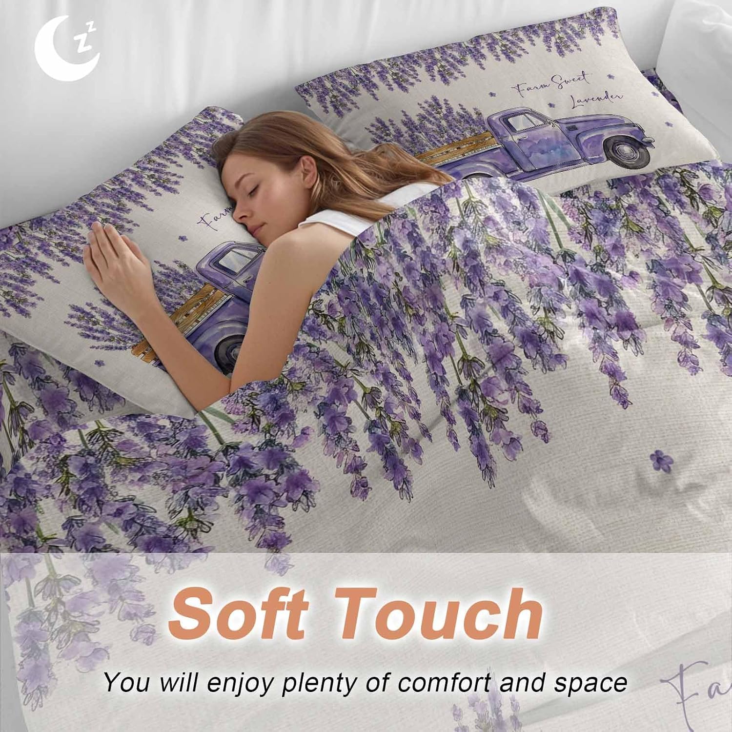 Purple Floral Duvet Cover Set Queen Size 4 Pieces Farm Sweet Lavender Truck Rustic Linen Texture Bedding Set with Zipper Closure, 1 Comforter Cover 92x106 Inches 1 Flat Sheet & 2 Pillow Cases