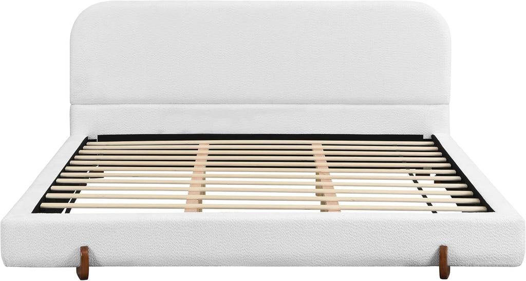 Curve-Shaped Upholstered Platform Bed with Curved Shaped Headboard, King Size Wood Bed Frame with Unique Design Legs for Bedroom Furniture, Chenille Thick Fabric Grounded Bed (White, California King)