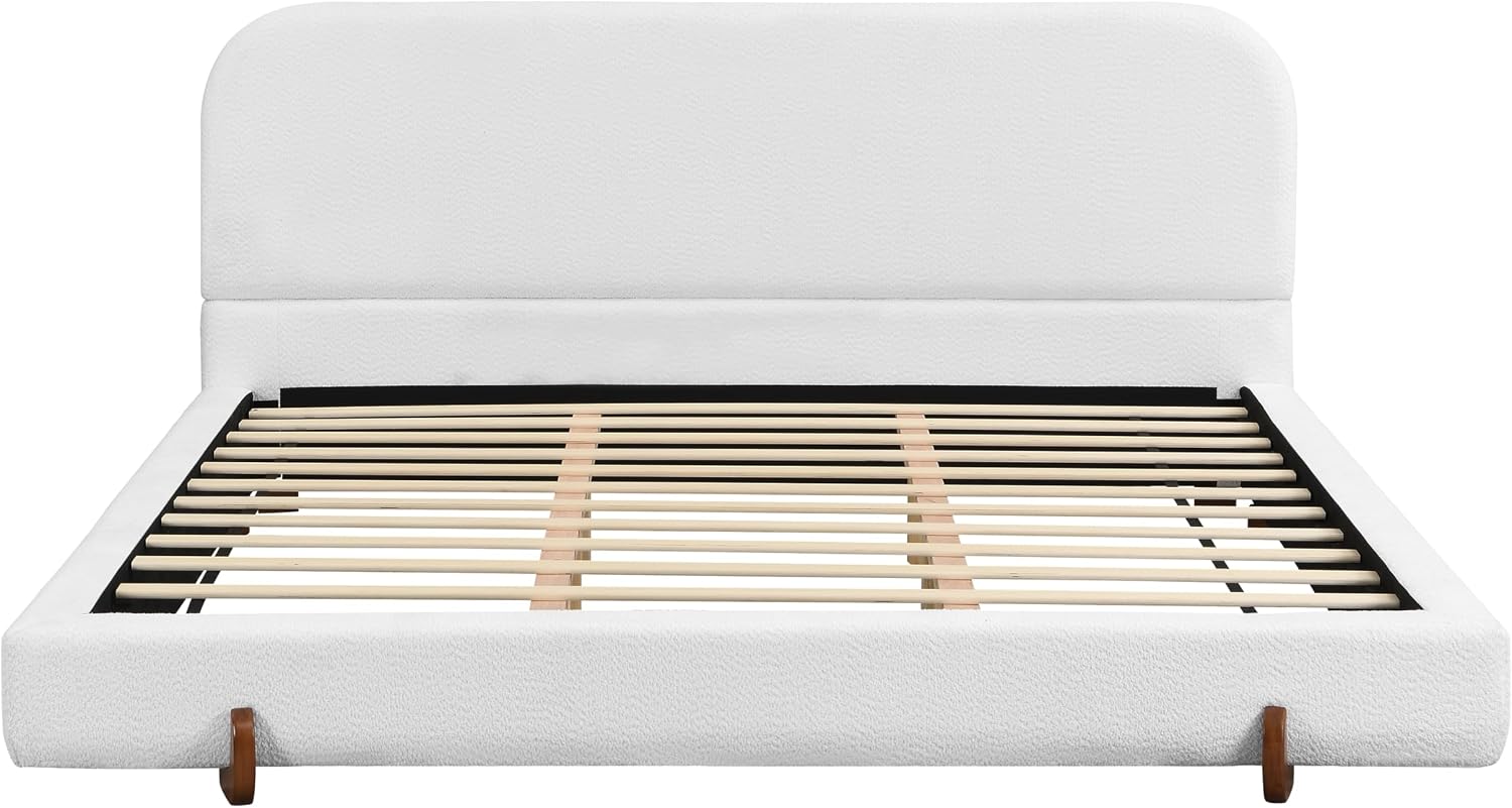 Curve-Shaped Upholstered Platform Bed with Curved Shaped Headboard, King Size Wood Bed Frame with Unique Design Legs for Bedroom Furniture, Chenille Thick Fabric Grounded Bed (White, California King)