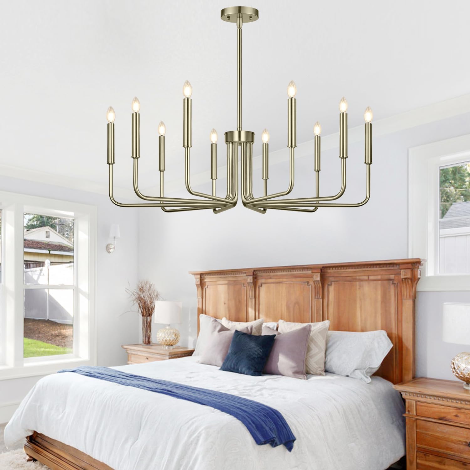 Lynnoland Brass 10-Light Farmhouse Chandelier for Dining Room Lighting Fixtures Hanging, Vintage Candle Pendant Light Fixtures Chandelier for Bedroom, Foyer and Living Room