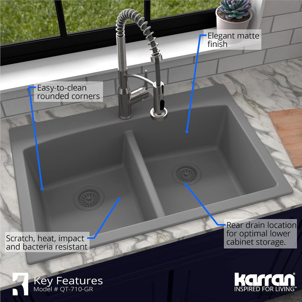 Karran QT-710 33 Inch Top Mount Double Bowl Kitchen Sink, 50/50 Low Divide Quartz Composite Drop-In Sink, Rear Drain, Heat and Scratch Resistant, Grey