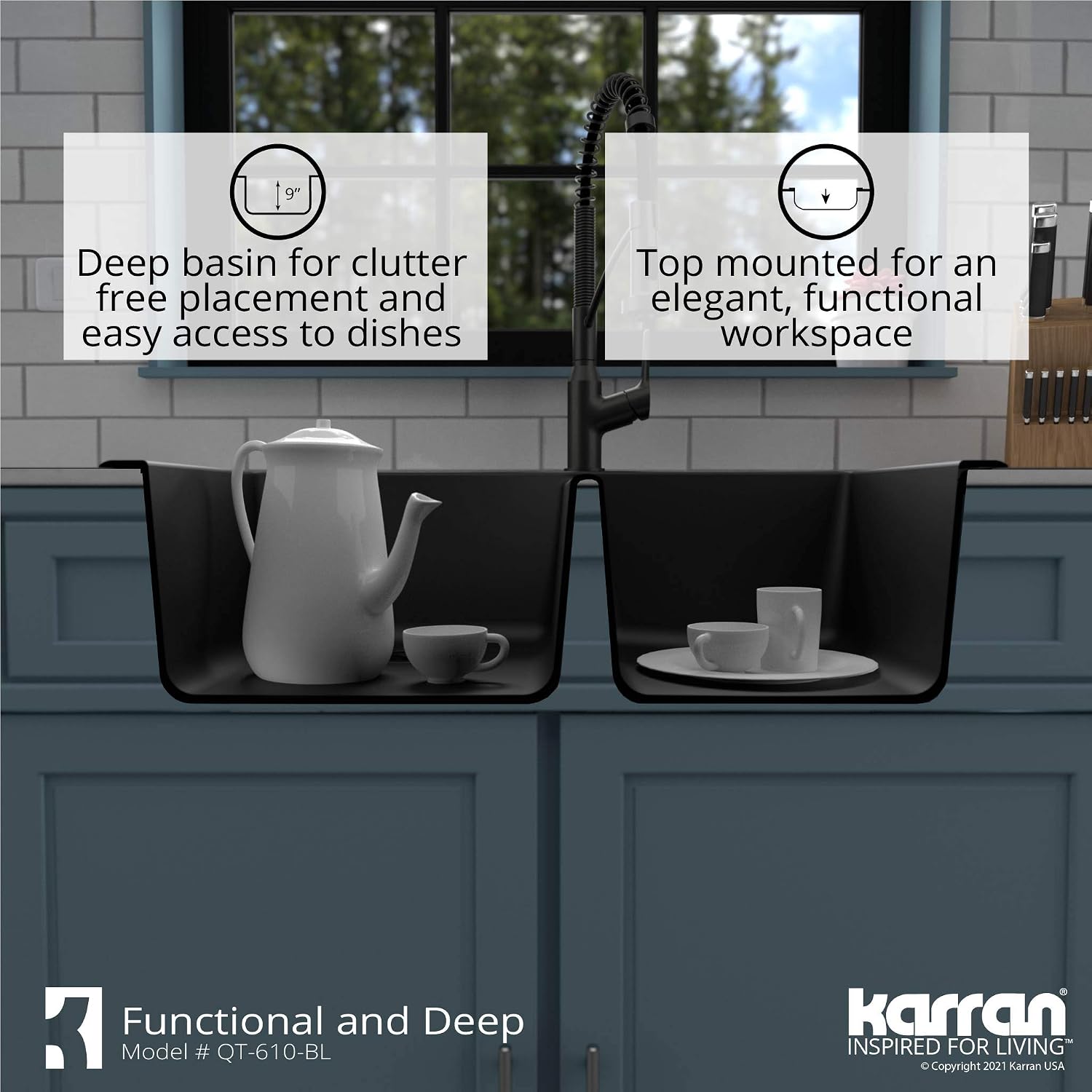 Karran 33' Drop-In/Top Mount Quartz Composite 1-Hole 60/40 Double Bowl Kitchen Sink in Black