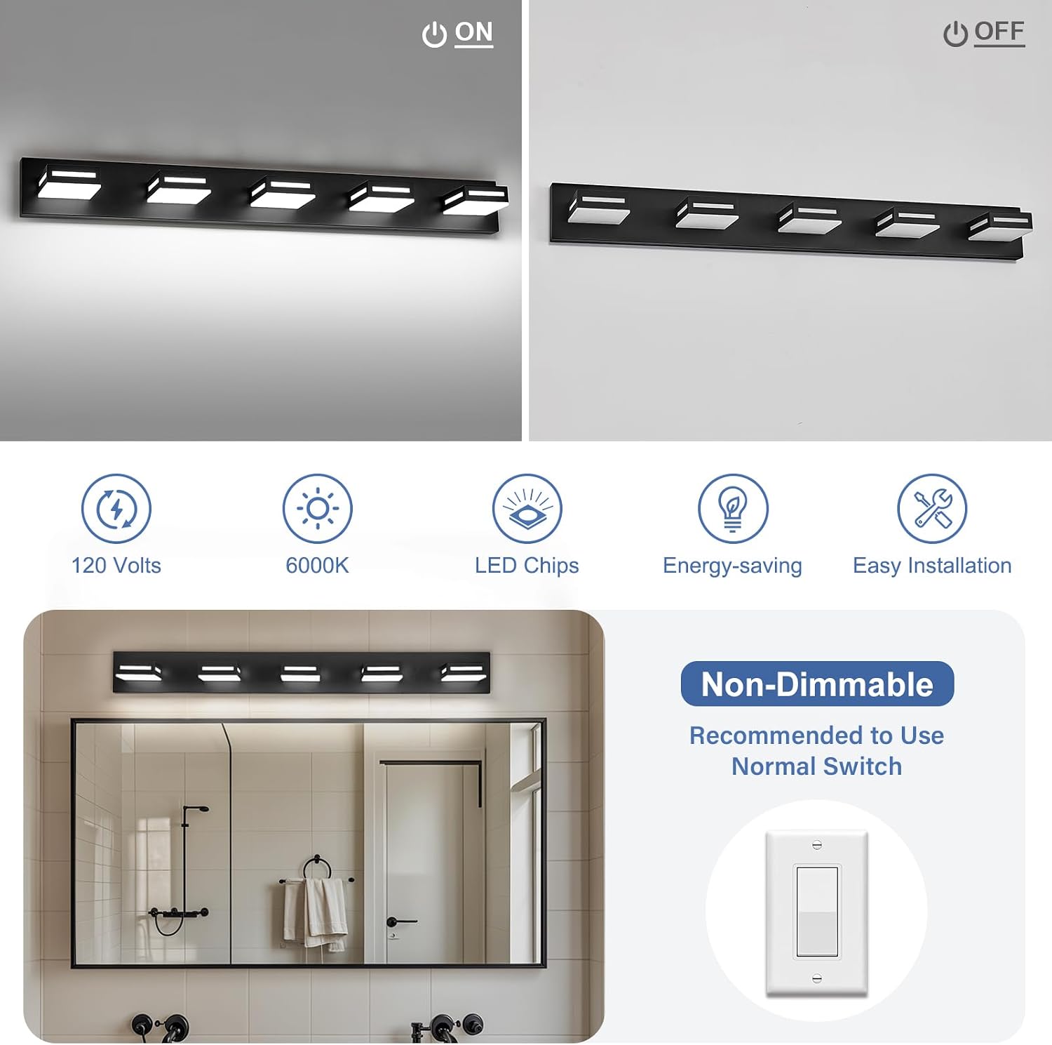 LED Modern Bathroom Light Fixtures, 5-Light 40-Inch Matte Black Vanity Lights for Bathroom Lighting Fixtures Over Mirror, 6000K Cool White 350° Rotatable Wall Lamp