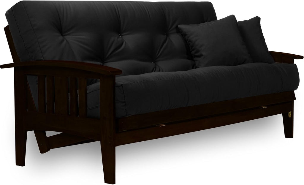 Nirvana Futons Westfield Espresso Finish (Warm Black) Full or Queen Size Futon Set, Mission Style Wood Futon Frame with Mattress Included (Twill Black)