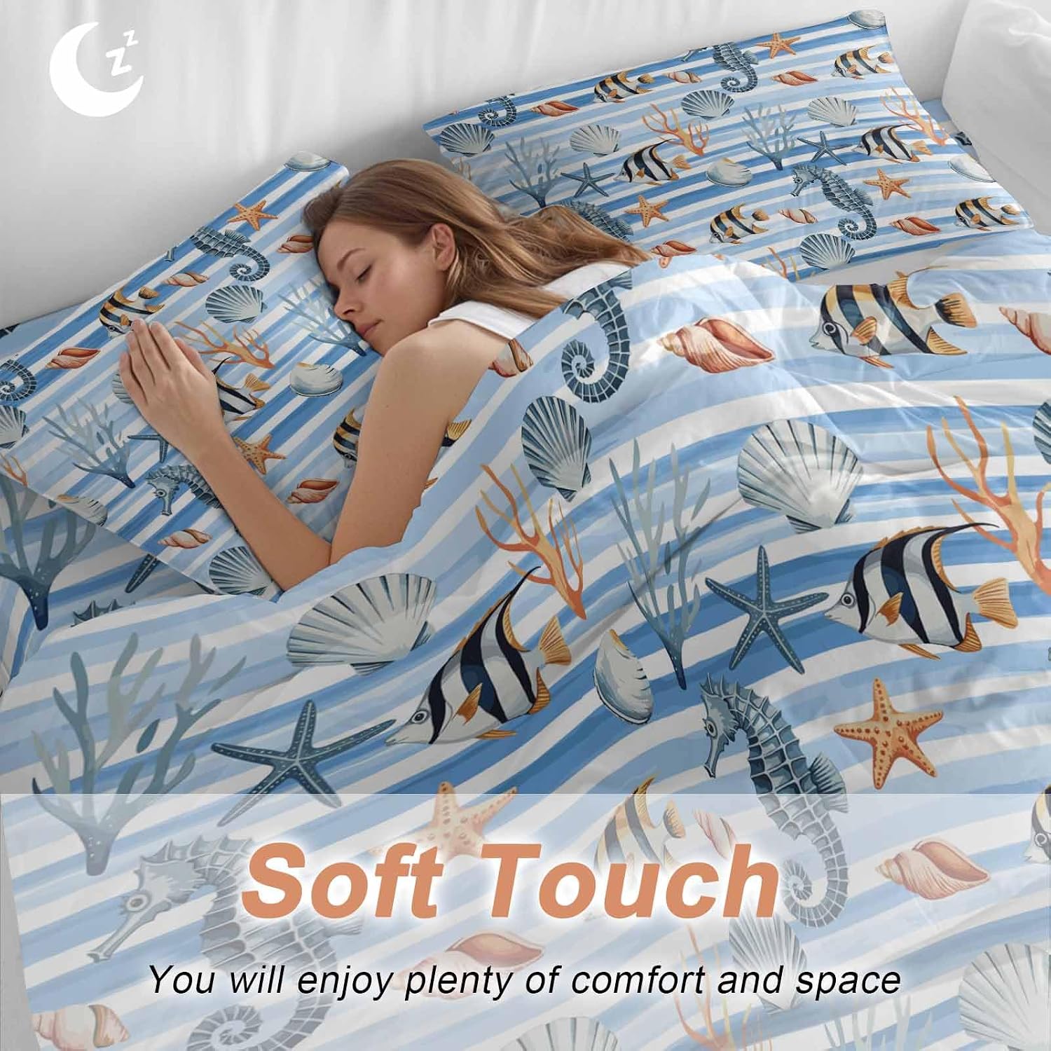 Summer Marine Life Duvet Cover Set Queen Size 4 Pieces Seahorses Corals Tropical Fish Blue Striped Bedding Set with Zipper Closure, 1 Comforter Cover 92x106 Inches 1 Flat Sheet & 2 Pillow Cases
