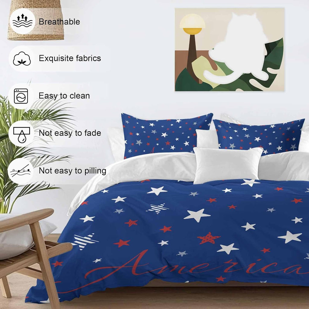 Independence Day Duvet Cover Set Queen Size 4 Pieces Blue White Pentagram America Blue Background Bedding Set with Zipper Closure, 1 Comforter Cover 92x106 Inches 1 Flat Sheet & 2 Pillow Cases
