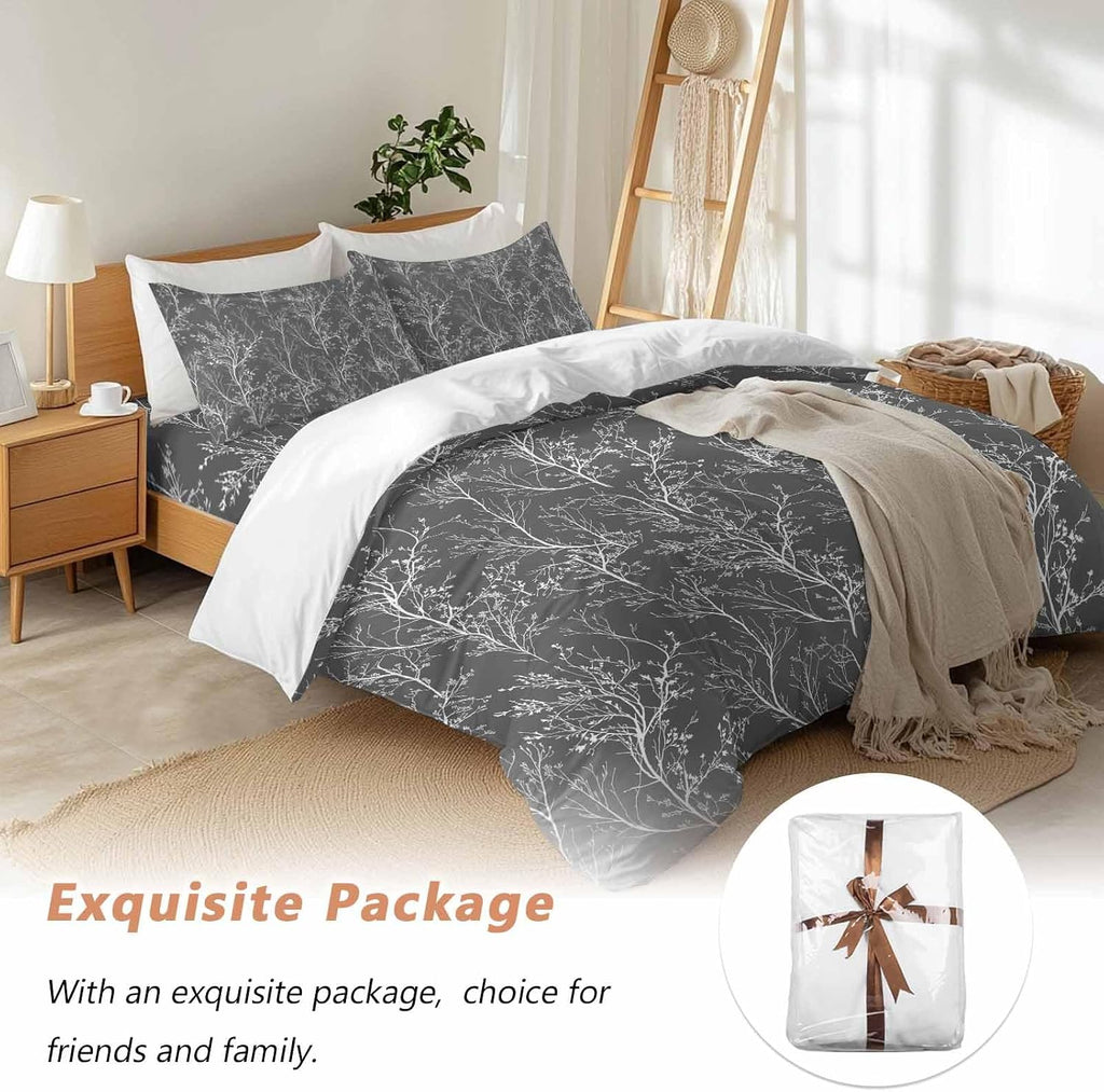 Dark Grey Duvet Cover Set Queen Size 4 Pieces White Tree Branch Botanical Abstract Plant Leaves Bedding Set with Zipper Closure, 1 Comforter Cover 92x106 Inches 1 Flat Sheet & 2 Pillow Cases