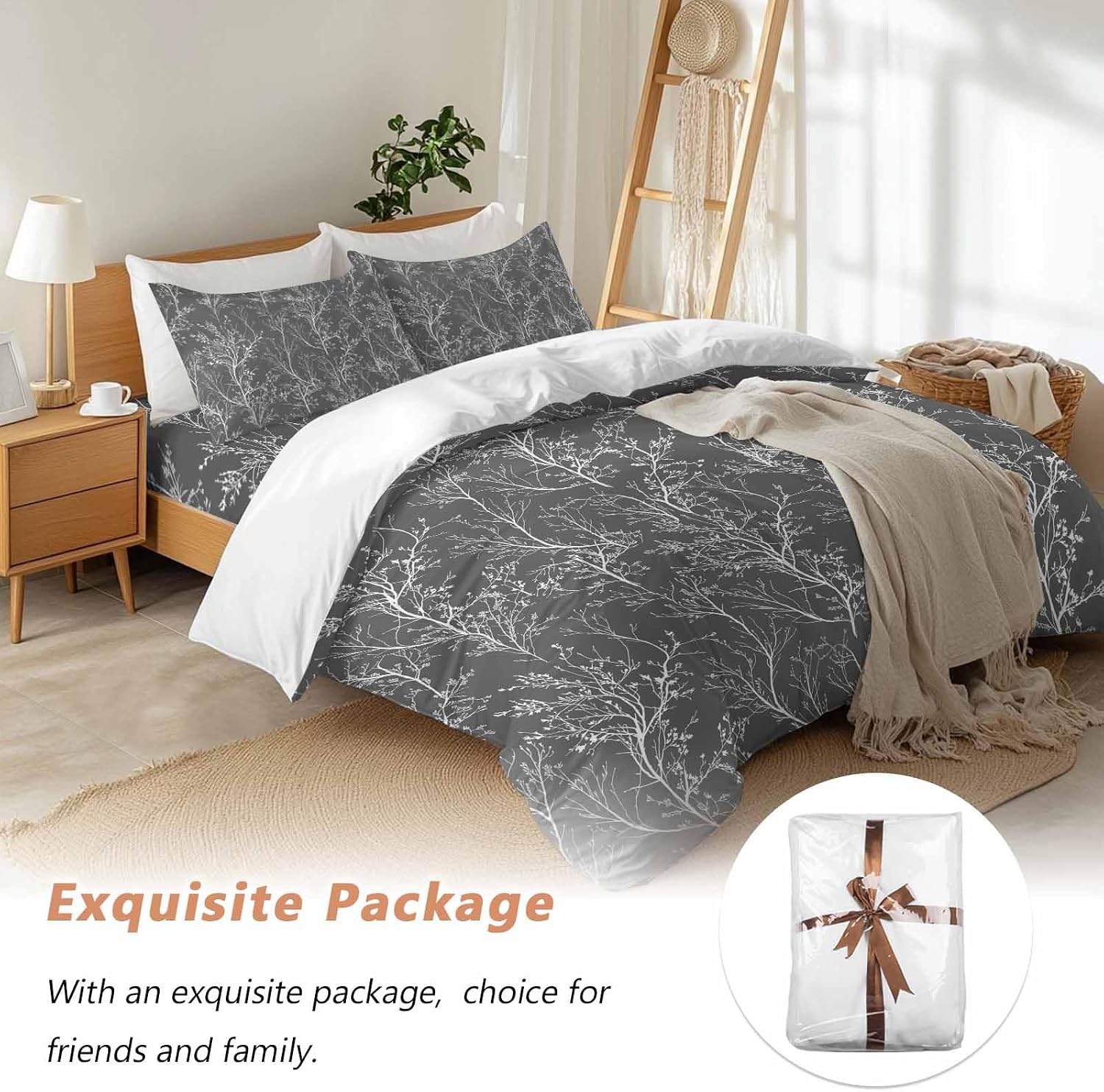 Dark Grey Duvet Cover Set Queen Size 4 Pieces White Tree Branch Botanical Abstract Plant Leaves Bedding Set with Zipper Closure, 1 Comforter Cover 92x106 Inches 1 Flat Sheet & 2 Pillow Cases