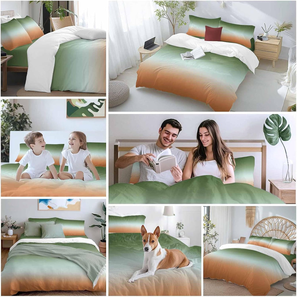 Gradient Sage Green Duvet Cover Set Queen Size 4 Pieces Modern Minimalist Green Orange Ocean Beach Bedding Set with Zipper Closure, 1 Comforter Cover 86x86 Inches 1 Flat Sheet & 2 Pillow Cases