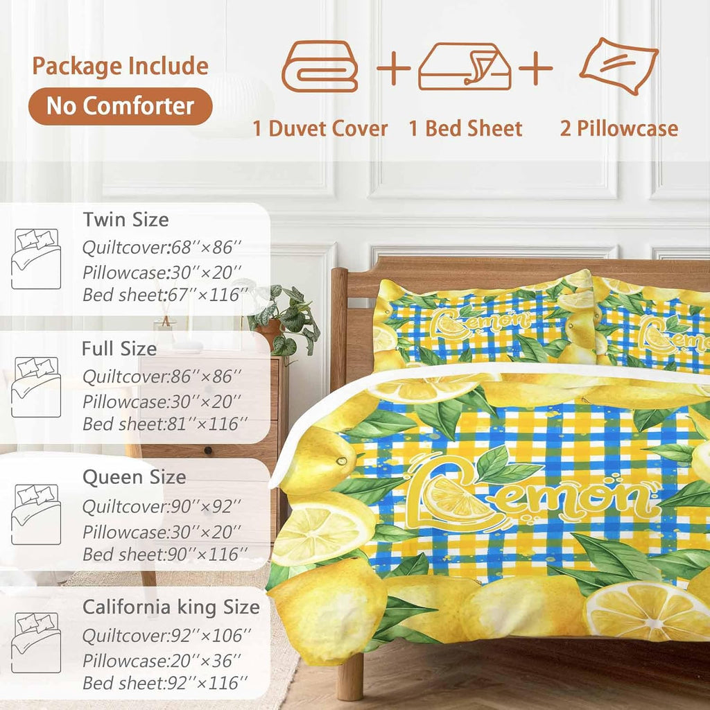 Summer Fruit Duvet Cover Set Queen Size 4 Pieces Watercolor Lemon Frame Letter Print Blue Yellow Plaid Bedding Set with Zipper Closure, 1 Comforter Cover 92x106 Inches 1 Flat Sheet & 2 Pillow Cases