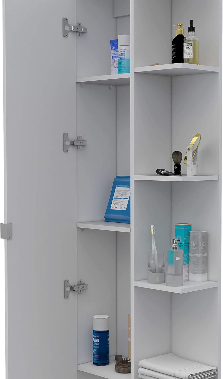 FM FURNITURE Los Angeles Mirror Linen Cabinet with 5 Open Shelves and 4 Inner Shelves, White