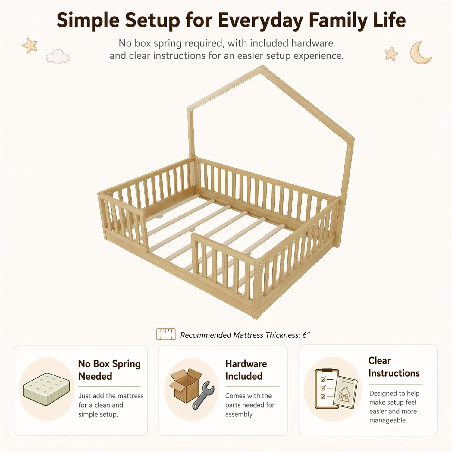 Full Size Floor Bed with High Rails, Wooden Montessori Bed Full with Light & Wood Slats, Low Profile Montessori Floor Beds for Kids, Boys & Girls, Natural