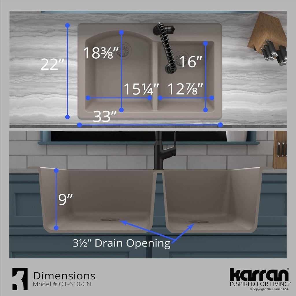 Karran 33' Drop-In/Top Mount Quartz Composite 1-Hole 60/40 Double Bowl Kitchen Sink in Concrete