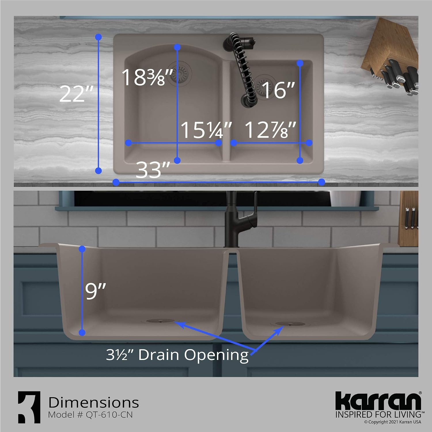 Karran 33' Drop-In/Top Mount Quartz Composite 1-Hole 60/40 Double Bowl Kitchen Sink in Concrete